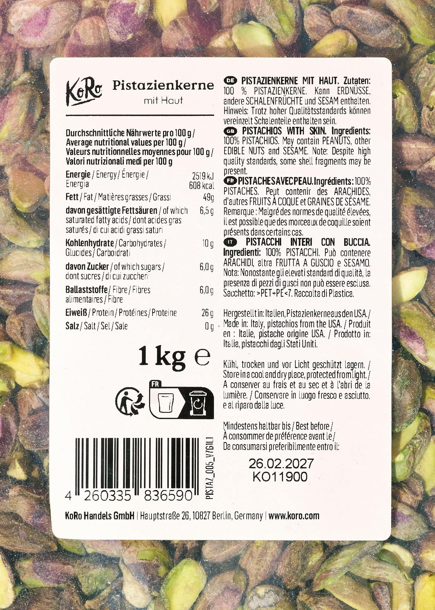 KoRo - Pistaches natures décortiquées - Non salées et naturelles sans additifs, emballage grand format