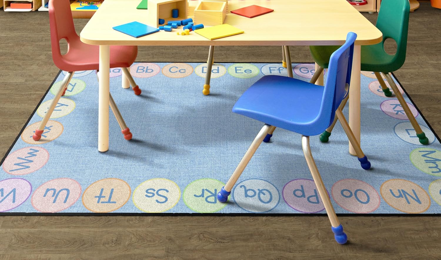 Flagship Carpets Smiley ABCs Pastel Classroom Educational Area Rug for Kids and Teachers, Durable Quality for Schools, Preschool, Daycare, Learning Centers, and Home, 4' x 6', Soft Blue