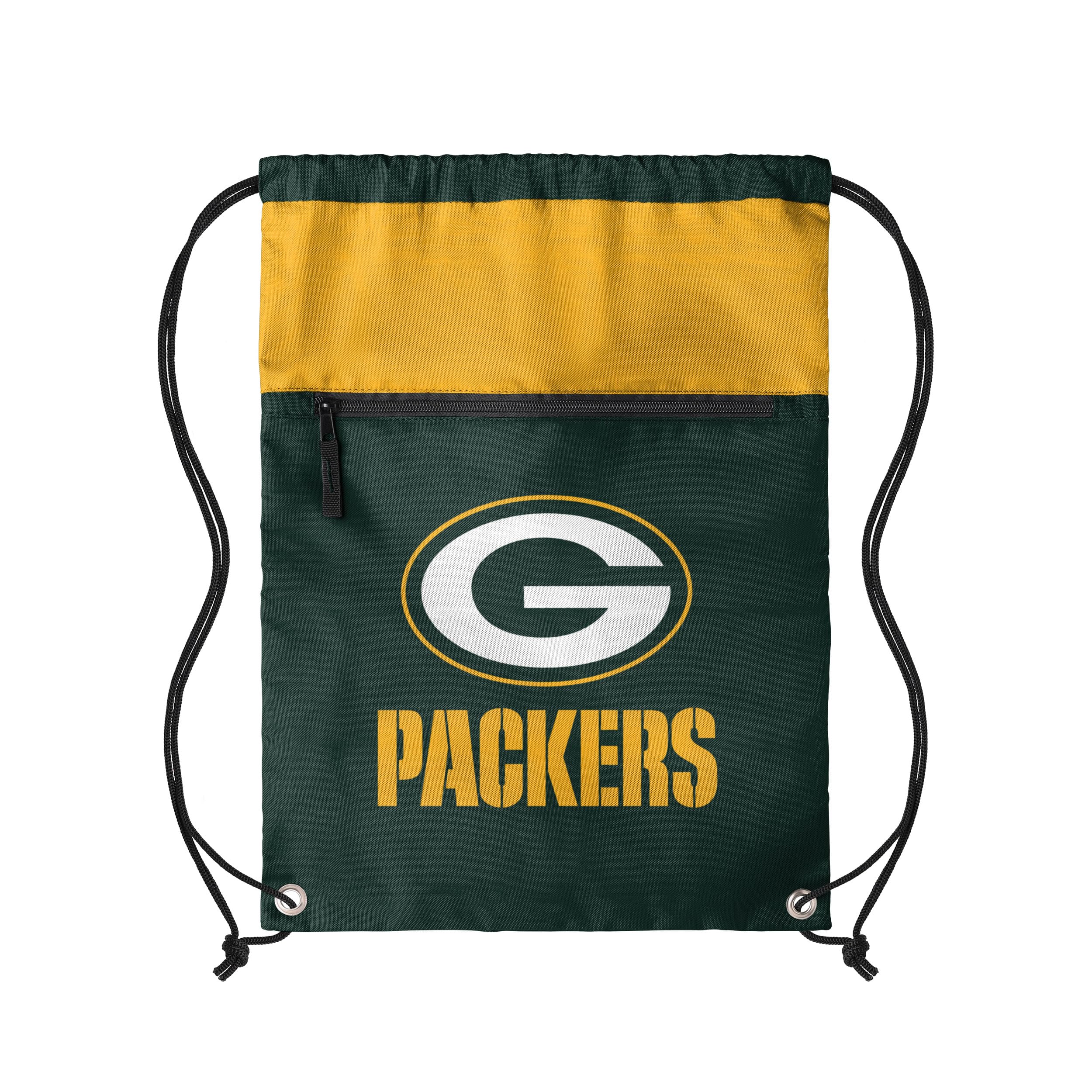 FOCO NFL Officially Licensed Unisex Team Color Football Primary Logo Wordmark Drawstring Backpack With Zippered Pocket, Green Bay Packers, One Size, Daypack Backpacks