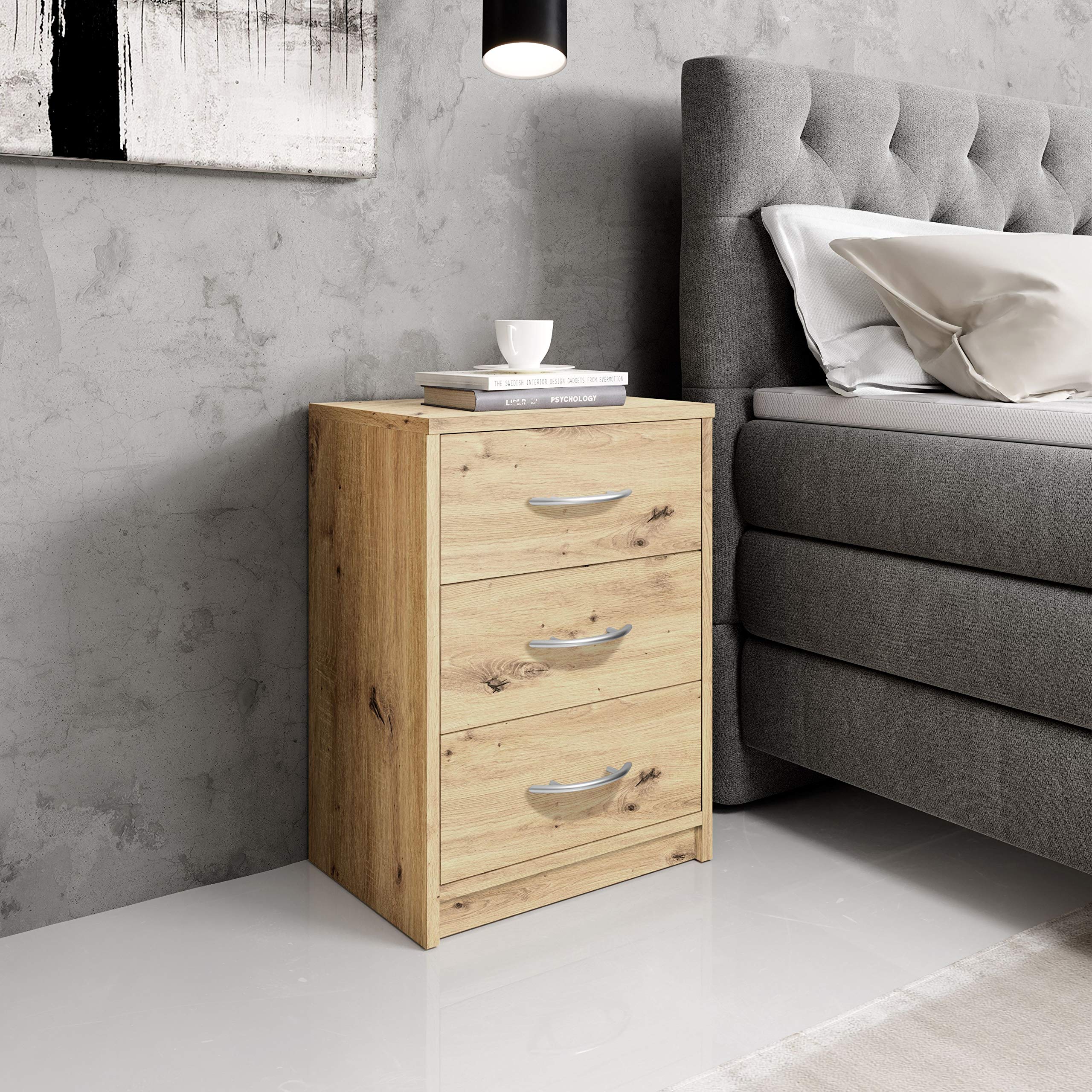 Stella Trading PEPE, Comodino da notte, effetto rovere artigianale, linea essenziale con 3 cassetti che si abbina facilmente a ogni camera da letto, 39 x 54 x 28 cm, L x A x P