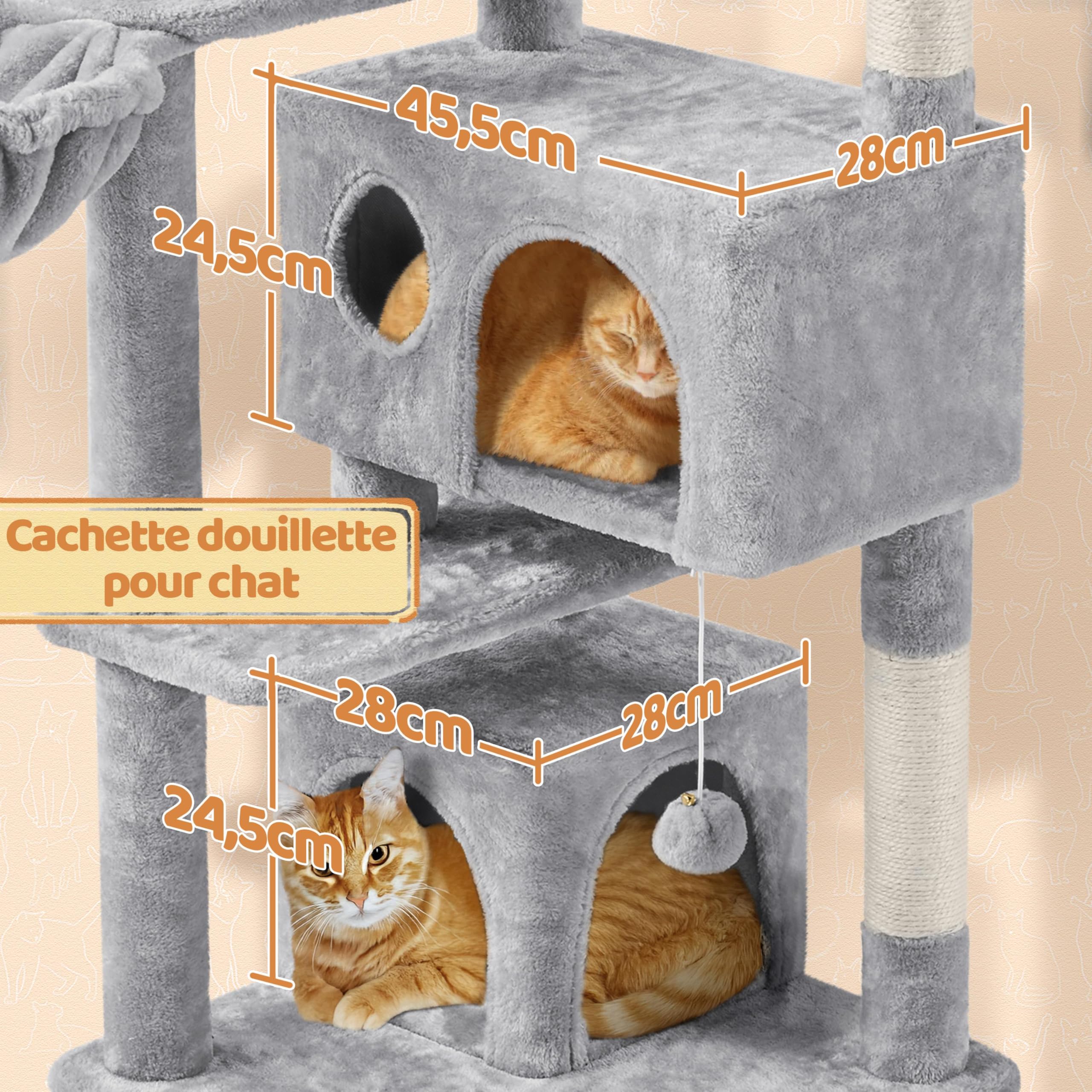 Yaheetech Arbre à Chat Multiniveau Tour pour Chat avec Cachettes Panier Perchoirs Rampe Poteaux en Sisal Boule Suspendue Tour d'escalade pour Chatons 145 cm de Haut Gris Clair