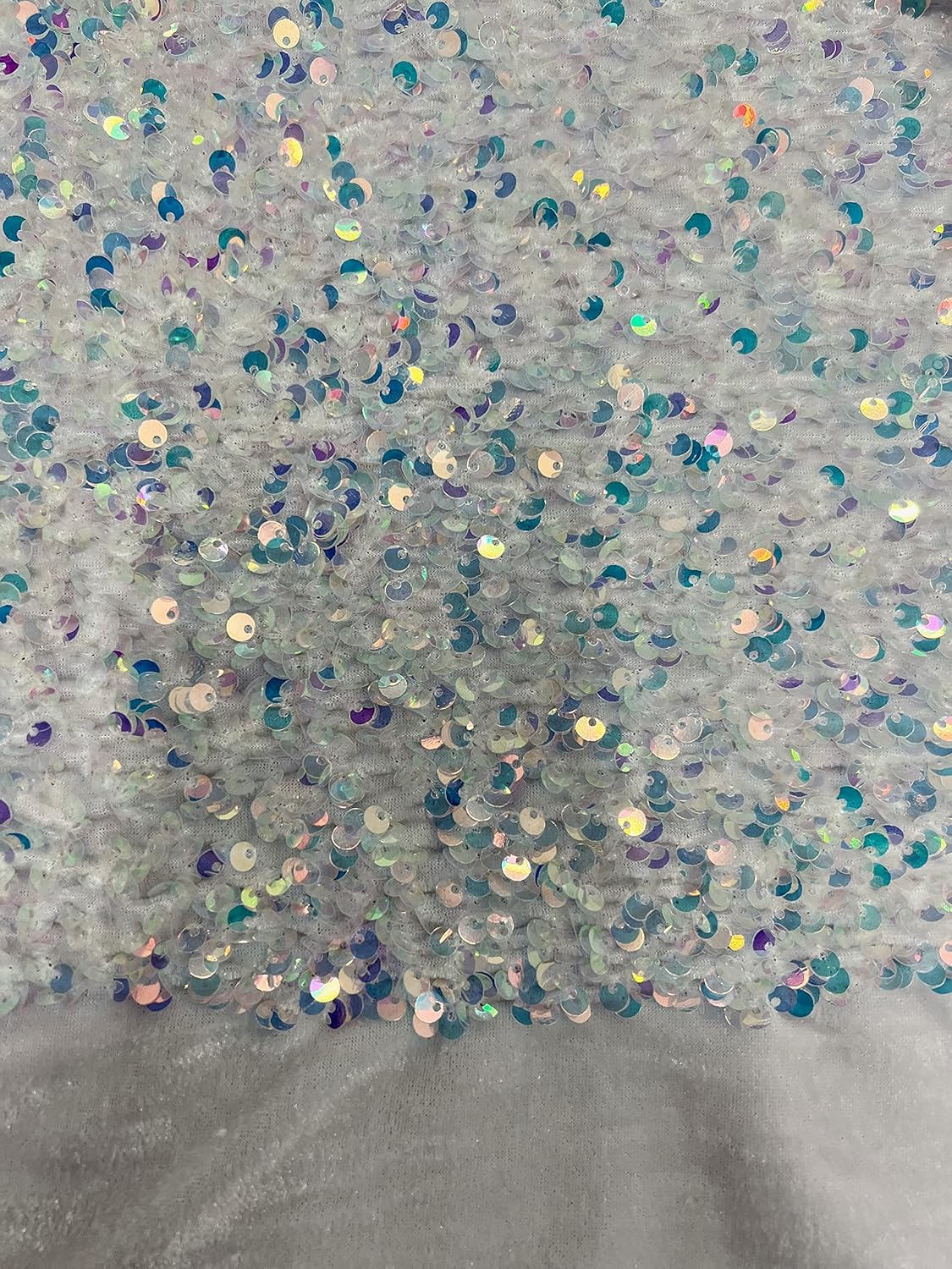 Stephanie Silver Iridescent Overlap Sequins on White Stretch Velvet Fabric by The Yard for Gowns, Apparel, Costumes, Crafts - 10185 Half Yard (56x18'')