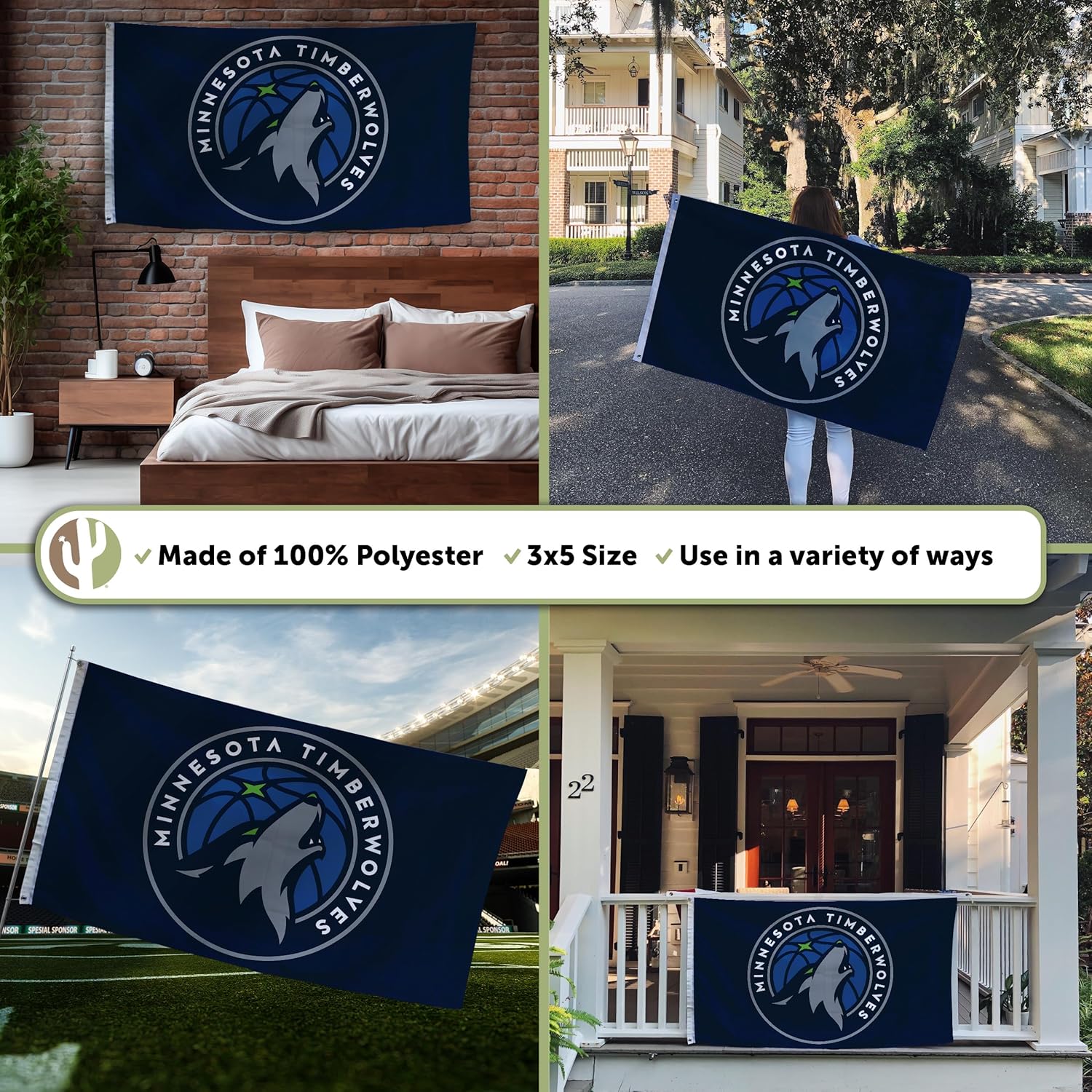 Desert Cactus Minnesota Timberwolves Flag NBA 100% Polyester Indoor Outdoor 3x5 feet National Basketball Association Team Flags (Flag #1) - Image 3