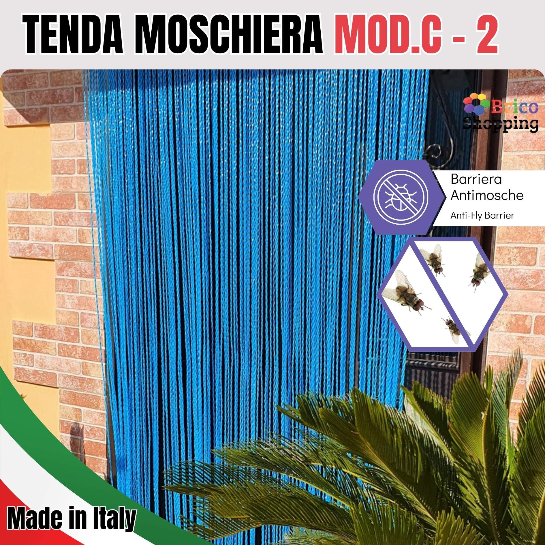 BricoShopping® Rideau Mosquière Mod.C à Fils en PVC réglable Moustiquaire pour Porte fenêtre extérieure entrée Balcon Camping-Car Fil Anti-Mouvement 15 Couleurs Fabriqué en Italie (150 x 250, 2 Blue)