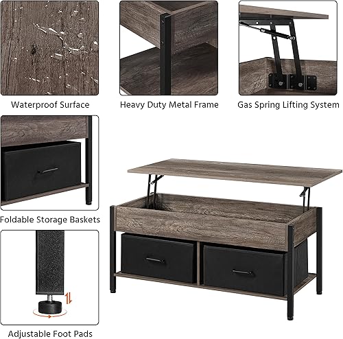 Miniatura 4 de Yaheetech Mesa de centro elevable de 41 pulgadas con compartimento de almacenamiento y 2 cestas de tela, mesa auxiliar de madera para sala de