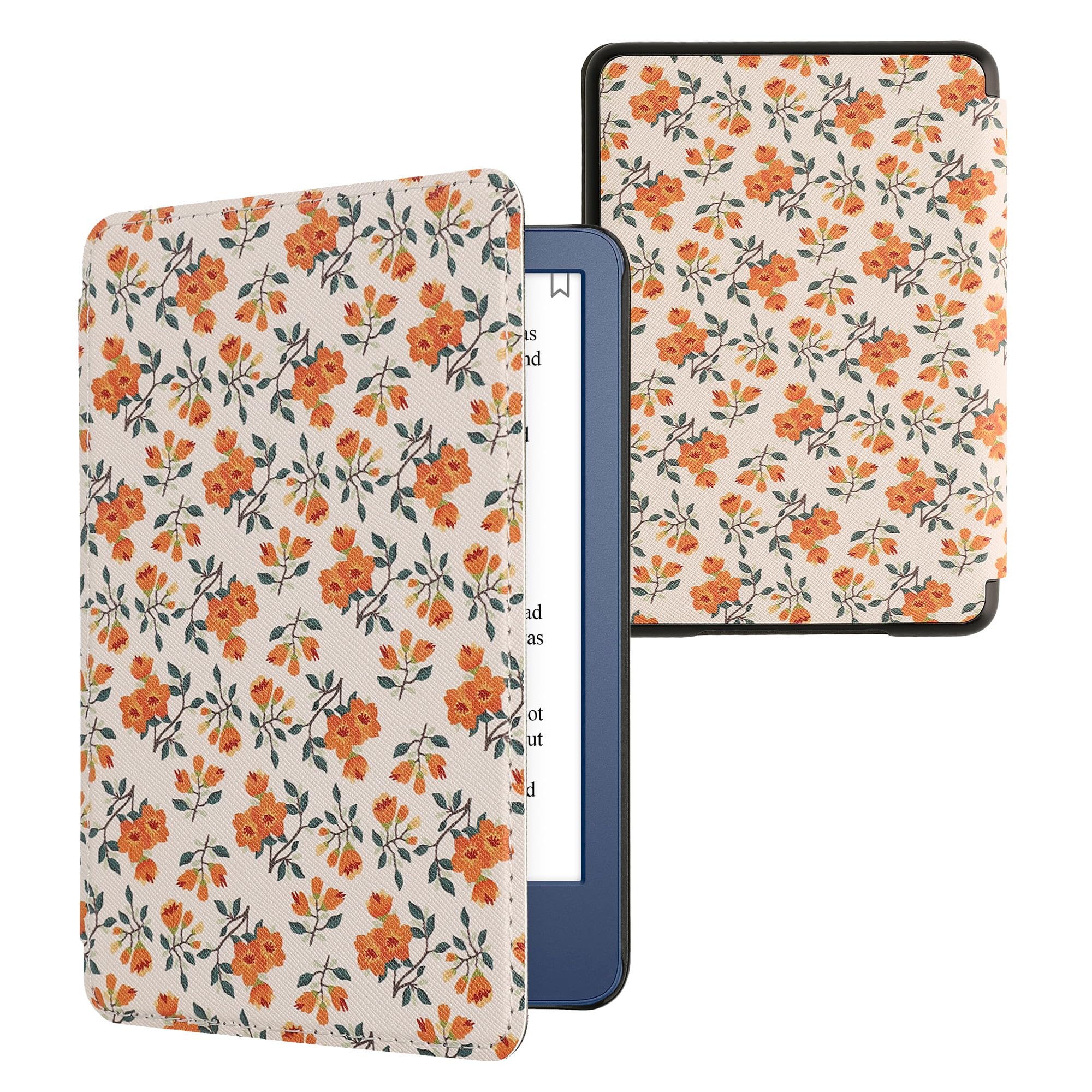kwmobile Carcasa Compatible con Amazon Kindle (2022/2024) Funda - Funda con Tapa y Cierre magnético de Cuero sintético - Flores Amarillas