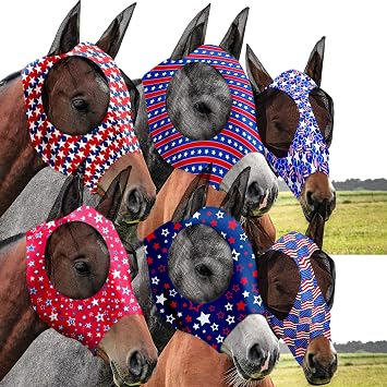 Chunful 6 Pcs 4th of July Horse Fly Masks with Ears 250th Anniversary Fly Masks Comfort Stretchy UV Protection American Flag