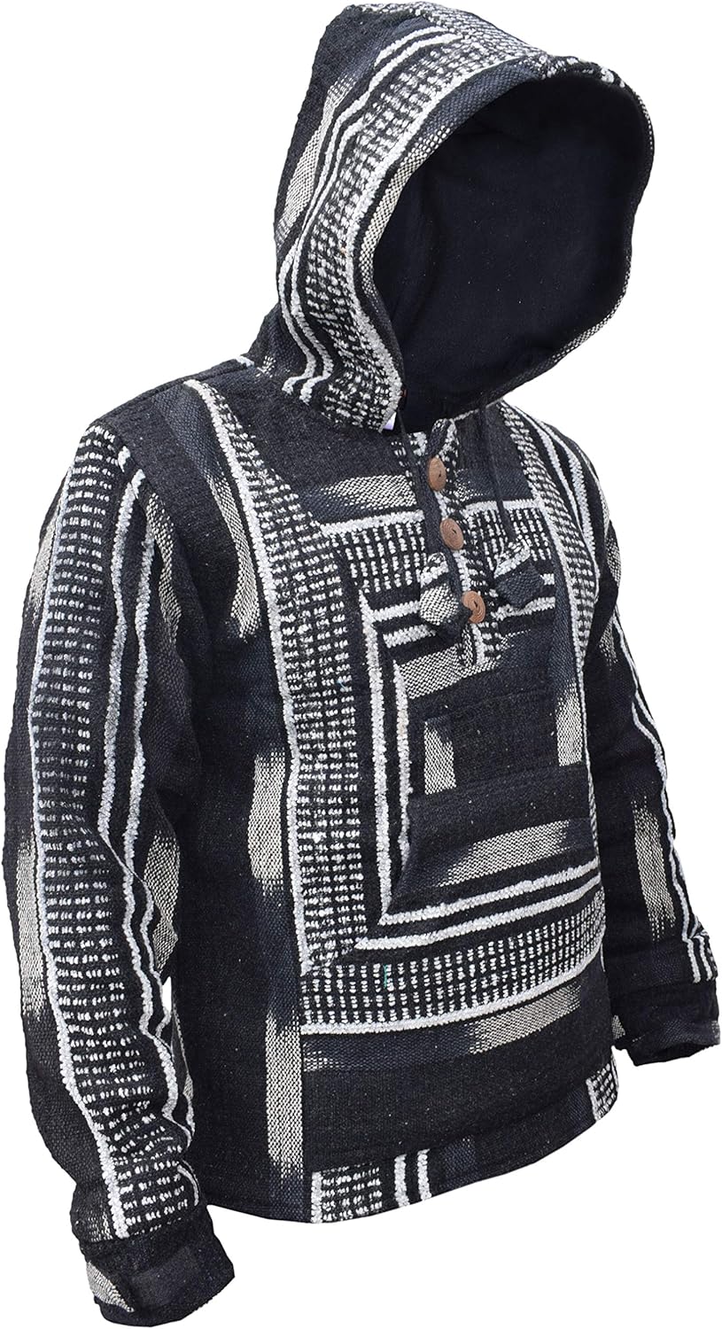 Gheri Men's Black Fleece Lined Baja Hoodie Hippie Jumper