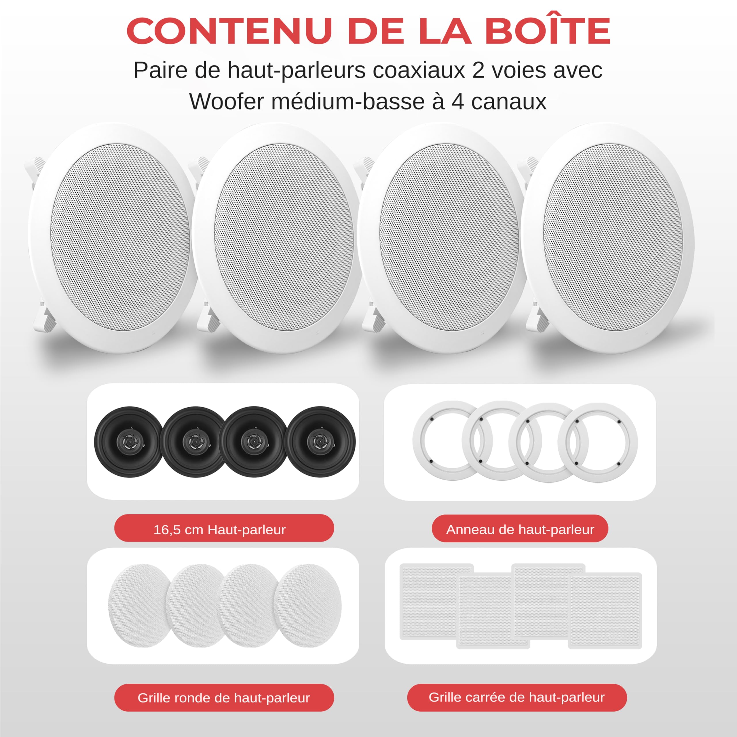 Pyle Système d’Enceinte Plafond Bluetooth 16,5 cm, Système d’Enceinte Plafond/Murale 2 Voies avec Connexions Rapides, Grilles Rondes/Carrées, Amplificateur 4 Canaux, 200 Watts, Haut Parleur Bluetooth