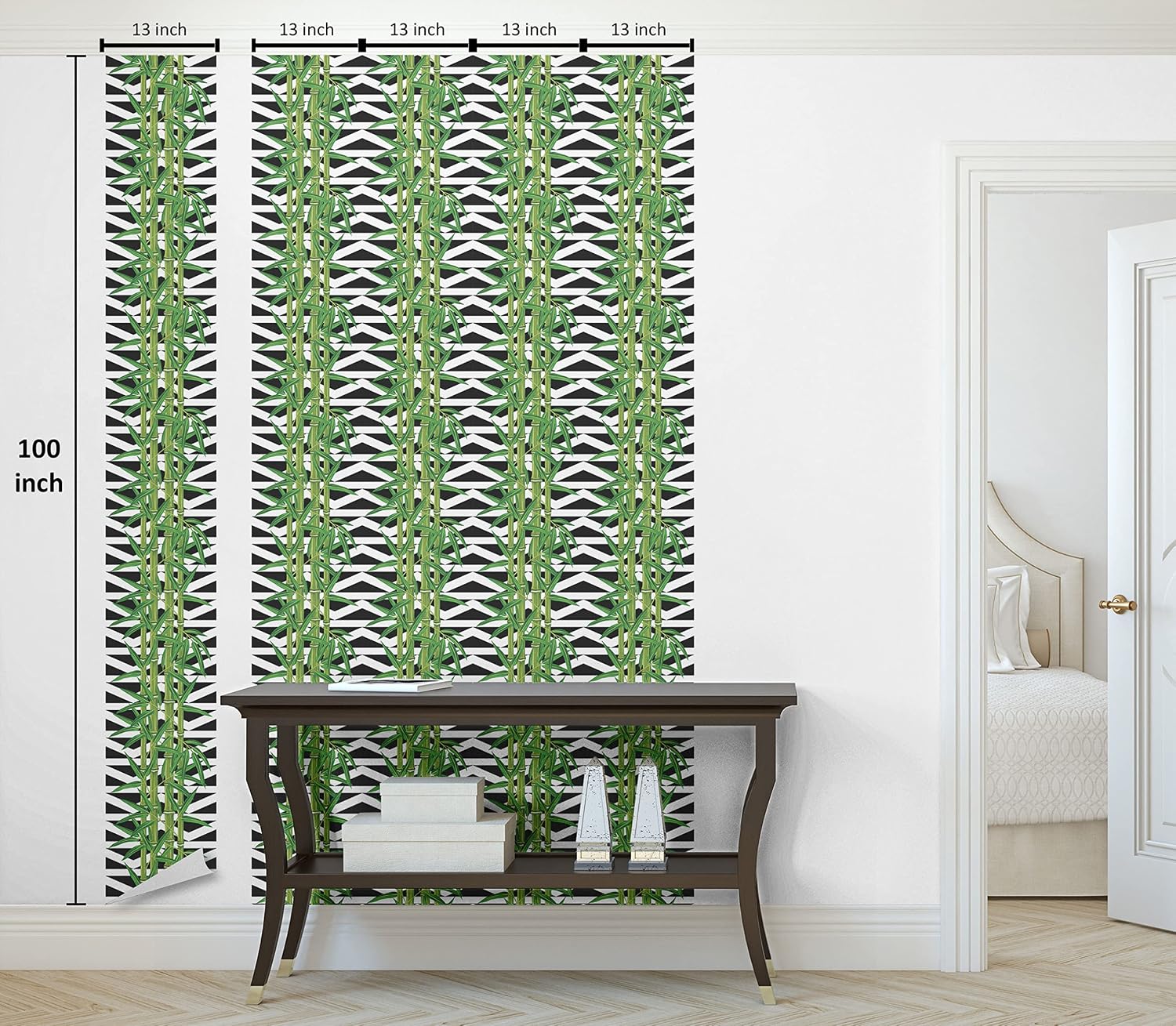 Lunarable Asian Print Peel & Stick Wallpaper for Home, Japanese Jungle Theme Tropical Nature Symmetry Geometric Backdrop, Self-Adhesive Living Room Kitchen Accent, 13" x 100", White Black and Green