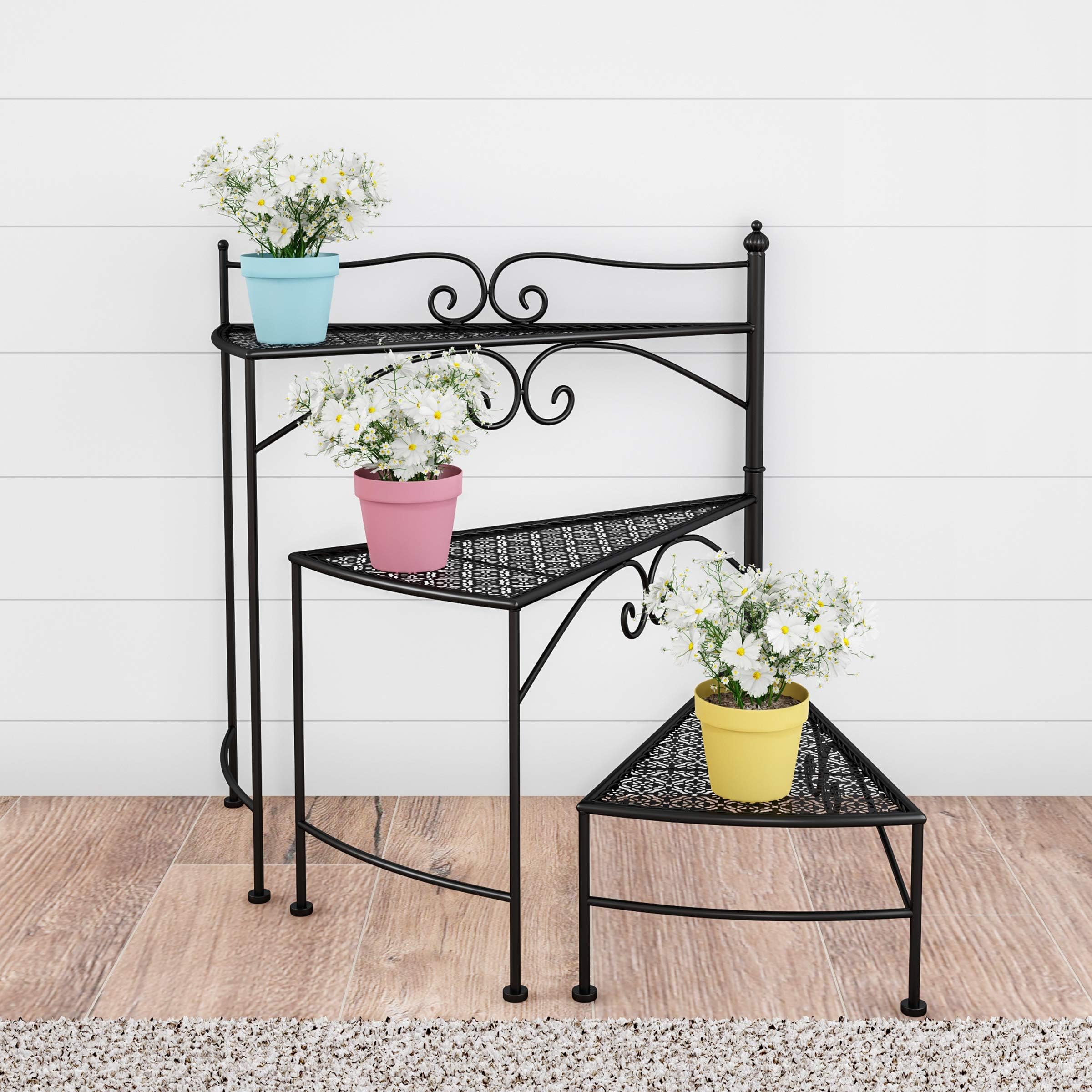 Pure Garden 50-LG1152 Plant Stand – 3-Tier Indoor or Outdoor Folding Spiral Stairs Wrought Iron Metal Home and Garden Display with Staggered Shelves (Black)