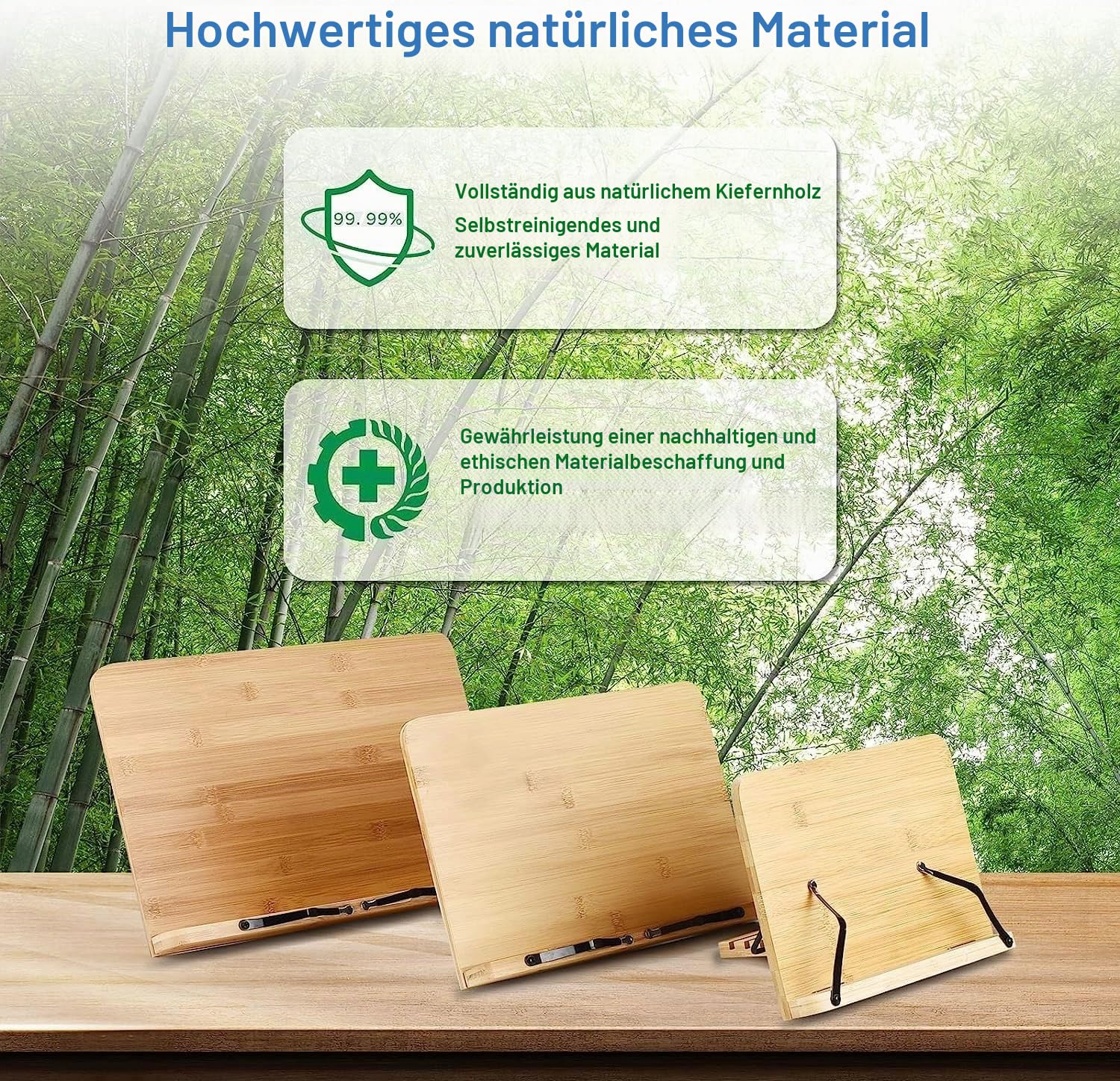 Buchständer aus Holz und Kochbuchständer mit verstellbaren Winkeln Buchhalter zum Lesen freihändig stabiler Kochbuchhalter Rezeptbuchhalter mit Büroklammern hält Bibeln, Lehrbücher (34 x 23,9 cm)