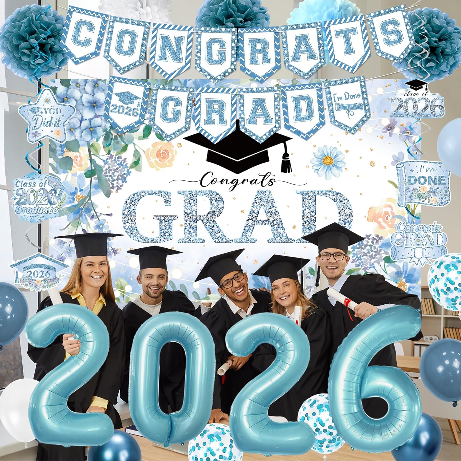 Holkcog 2026 Graduation Decorations, Blue Class of 2026 Congrats Graduation Floral Backdrop, Balloons, Paper Pompoms for Graduation Party Decorations, Outdoor Indoor College Grad Party Decorations