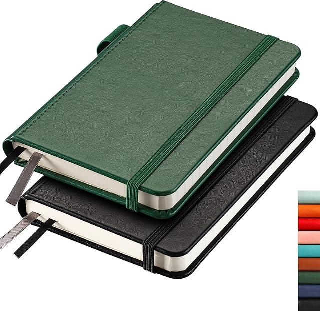 Pocket Notebook A6 Mini Notepad 2 Pack -RETTACY Small Hardcover Journal with Content,312 Numbered Pages, 2 Inner Pocket, 100gsm Lined Paper 8.5 x 14 cm - Black Green