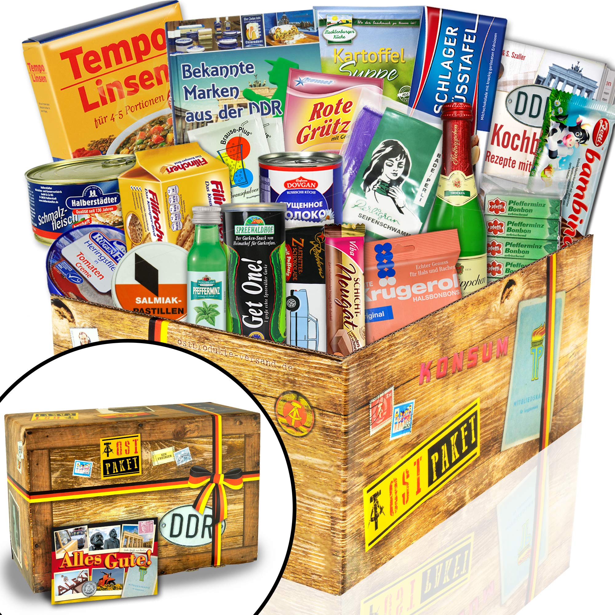 Ossi Spezialitäten Geschenk - DDR Geschenkset für Frauen - 18er Ostpaket | Inklusive DDR Kochbuch - Ostalgie Präsentkorb mit Rotkäppchen Sekt, Zetti, Viba & Trabi Schokolade - Geschenkbox Set