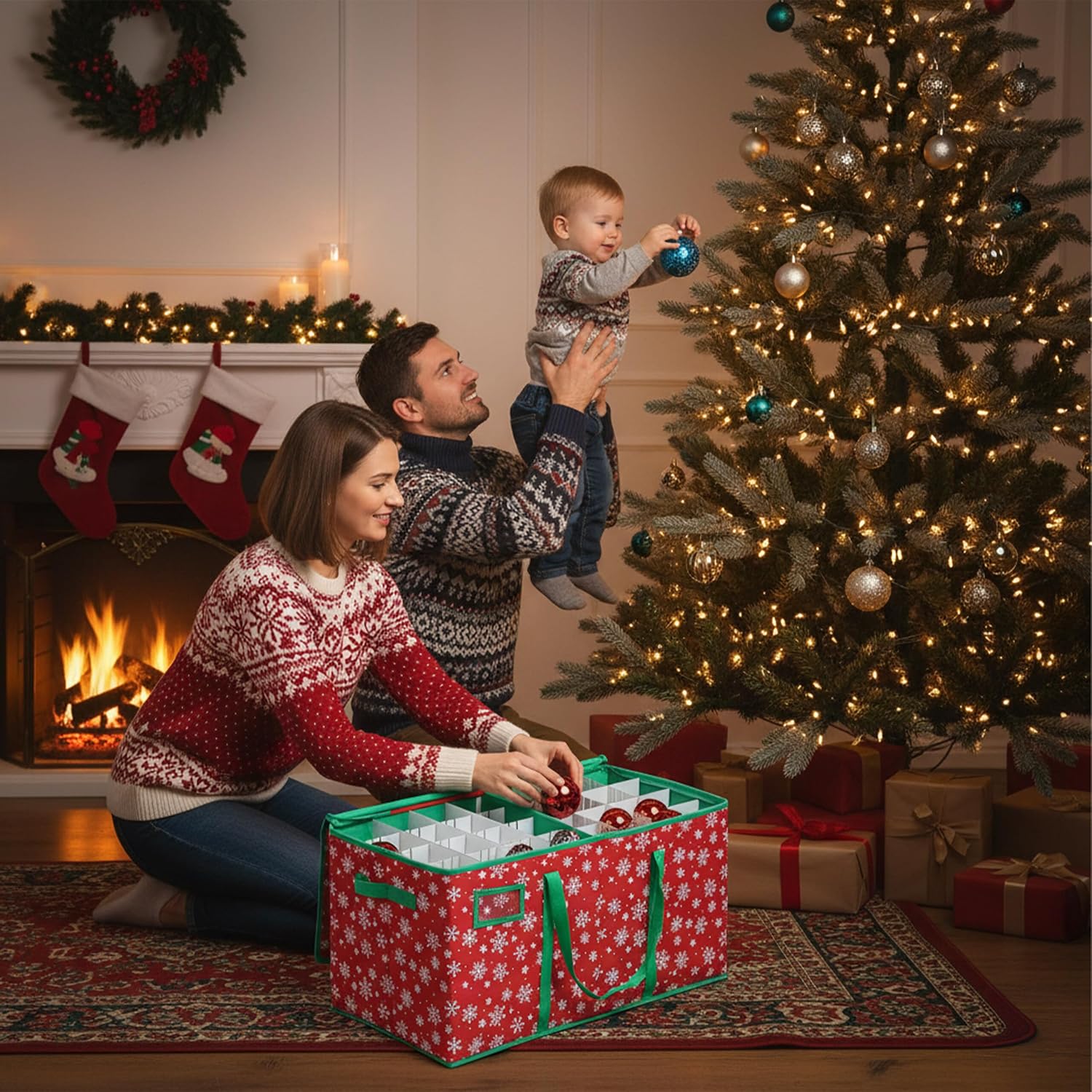 Relaxdays Christmas bauble storage box, holds 128 baubles, HxWxD: 33 x 66 x 33 cm, snowflakes, cardboard, red/green