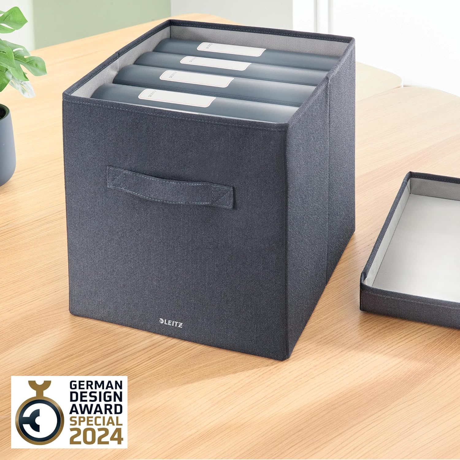 Leitz Fabric Storage Box with Lid, Set of 2 Cube Storage Unit Boxes, Foldable Fabric Ottoman Storage Box, Foldable & Eco Conscious Organiser Box, Recycle Range, Velvet Grey, Large, 61450089