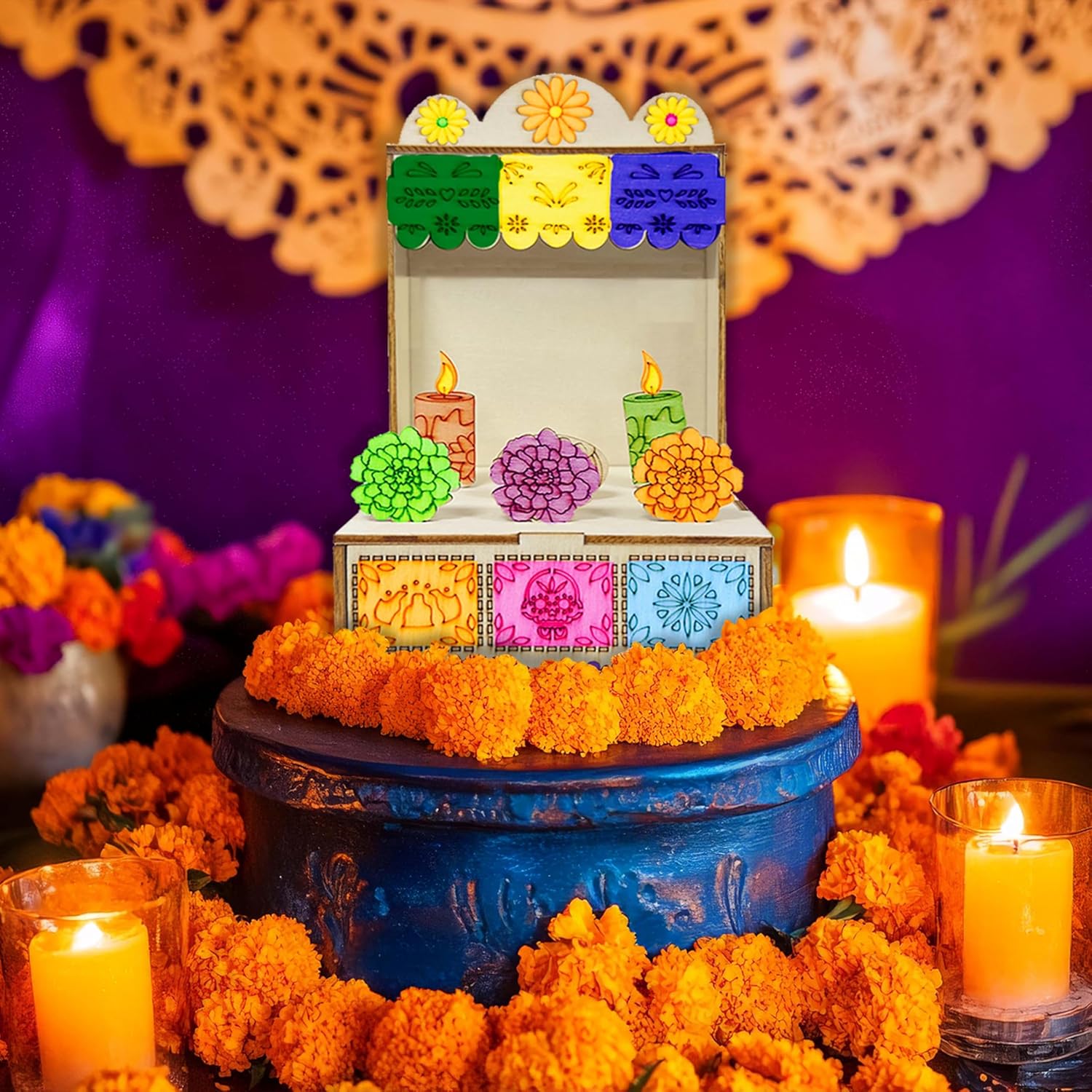 Cinrobiye 6 Pcs Day of The Dead Pet Ofrenda Box DIY Wooden Sugar Skull Altar with Photo Frame Dia de Los Muertos Memorial Decorations for Pet Dog Cat Remembrance Halloween Home Altar Supplies