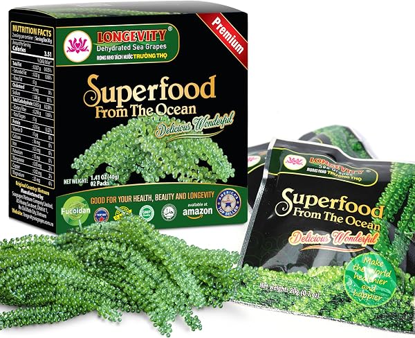 Longevity Uvas de mar - Umibudo verde Caviar - Deshidratado, peso, Intensificación del sistema inmunológico, valorado don natural De Mar (original), 1.4 onzas (paquete de 2) - 1