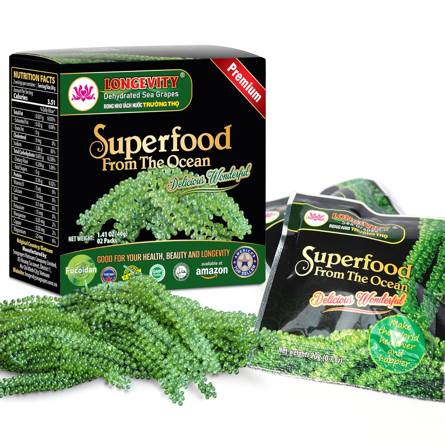 LONGEVITY Pack of 32 Dehydrated Sea Grapes (40G & 600G) | Improve Health, Lose Weight, Strengthen Immune System, Precious Natural Gift from the Sea