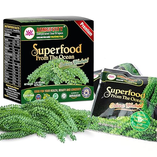 LONGEVITY SEA GRAPES  Uvas marinas - Caviar verde Umibudo deshidratado, marinado en agua salada  Mejora la salud, aumenta el sistema inmunológico,