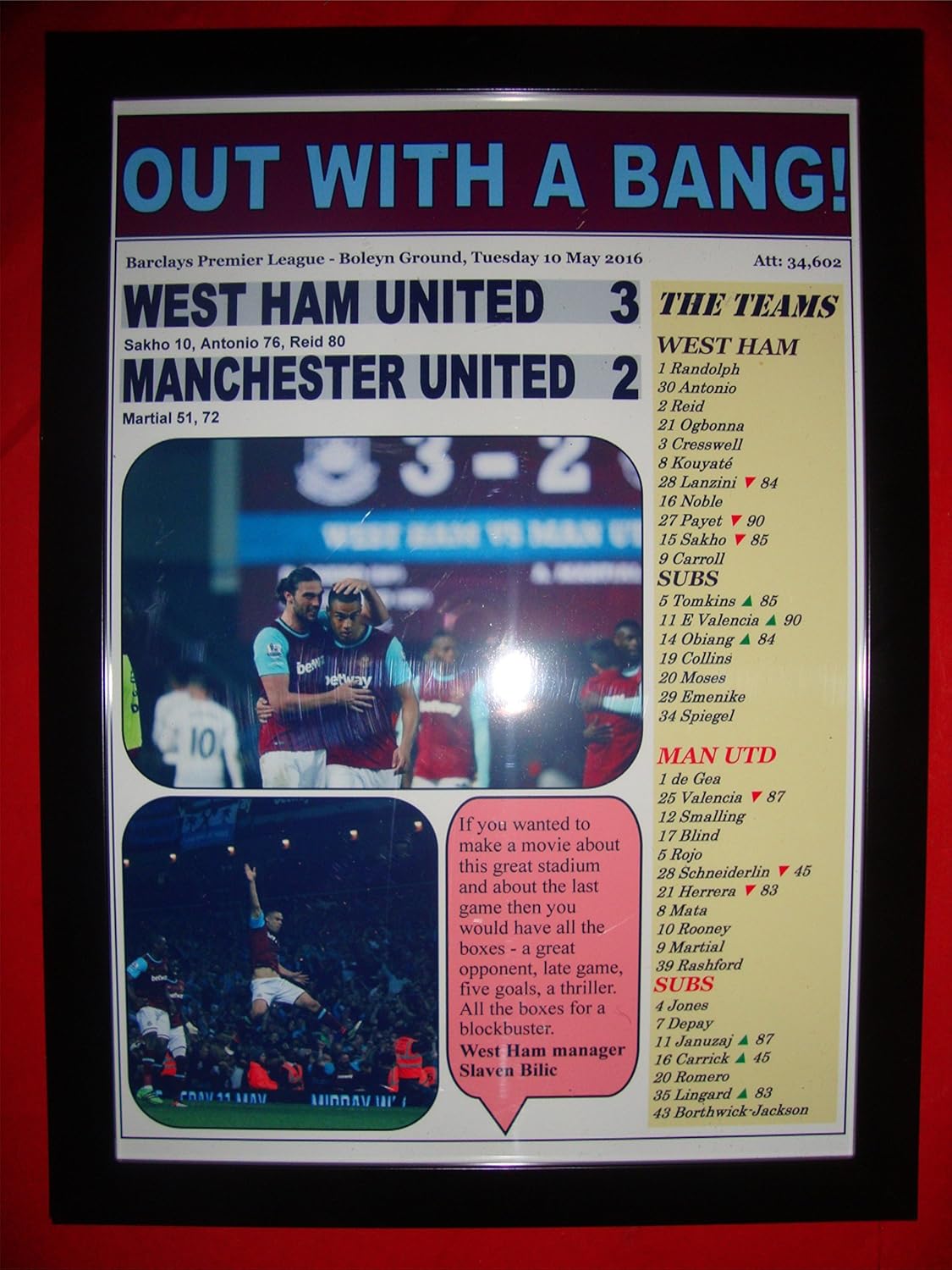 Lilywhite Multimedia West Ham United 3 Manchester United 2 - last game at the Boleyn Ground 2016 - framed print