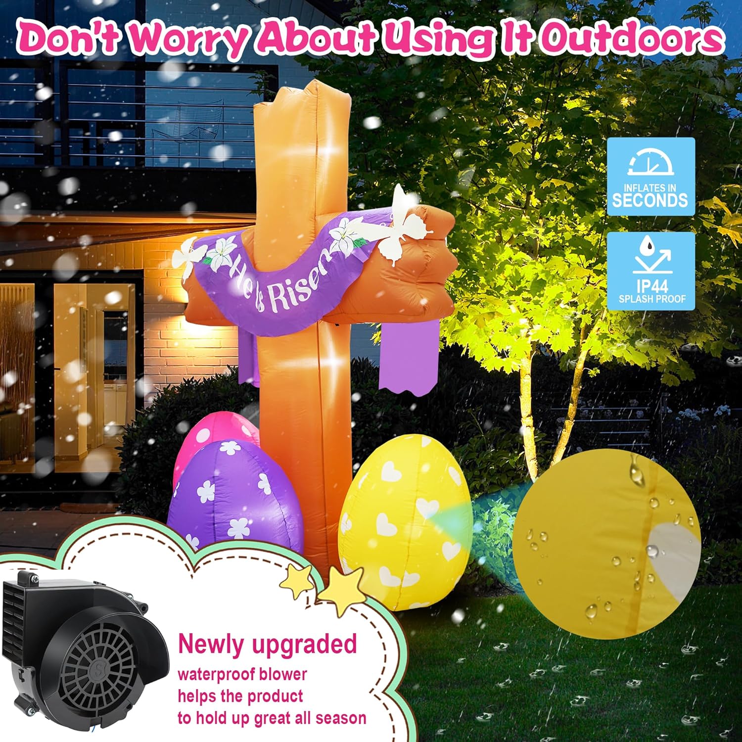 8FT Tall Easter lnflatables Decoration He is Risen Cross with Easter Eggs Built-in 5 LED Lights Blow Up Easter Outdoor Yard lnflatable Decorations