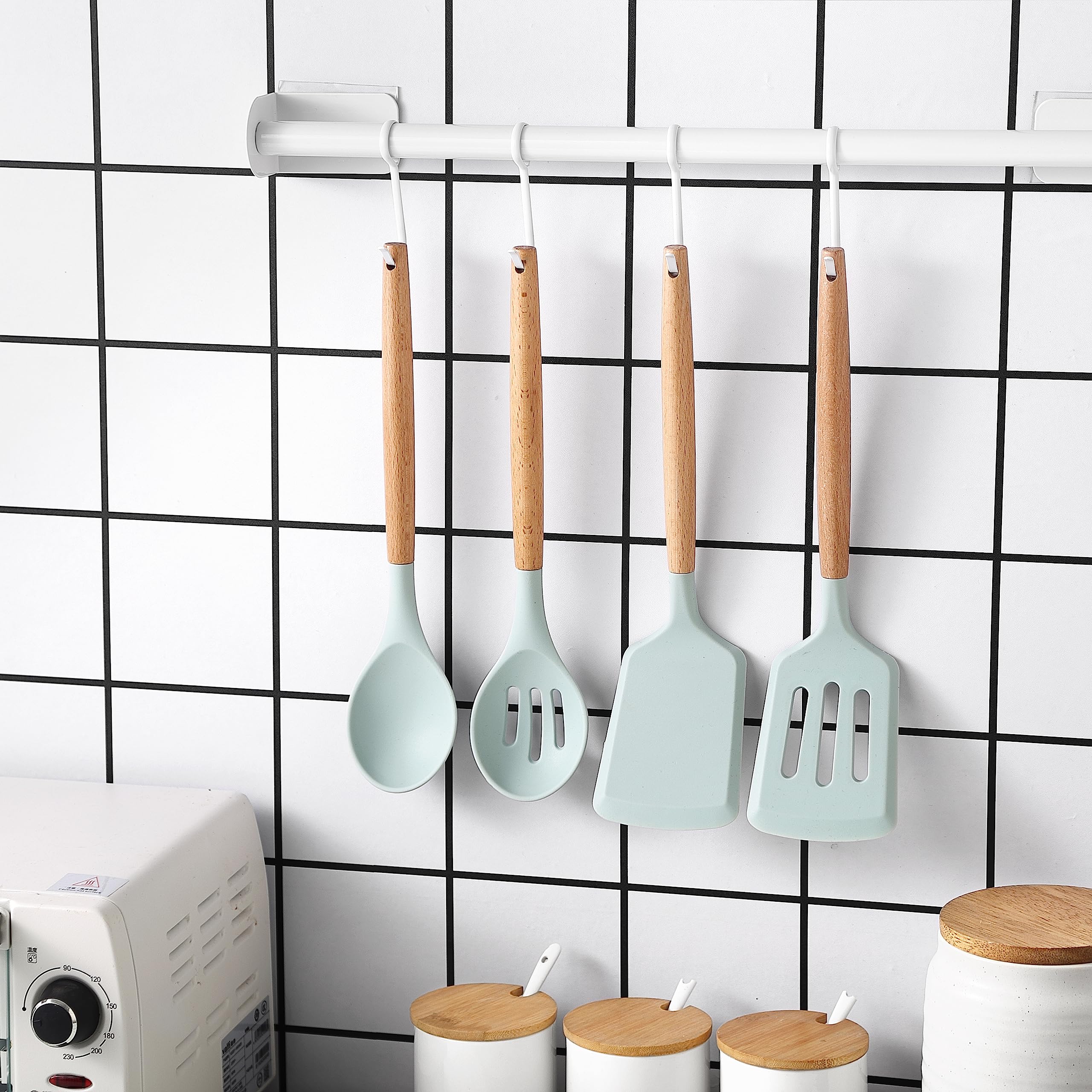Country Kitchen Utensilios de cocina de silicona, juego de utensilios de cocina de 14 piezas, utensilios de cocina de madera fáciles de limpiar, utensilios de cocina para utensilios de cocina