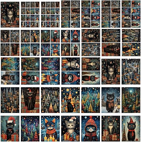 Miniatura 4 de Decoupage - Paquete de papel (35 hojas de 6 x 8 pulgadas), lindos gatos de Navidad en pueblos forestales invernales, FLONZ, tarjetas de ilustración
