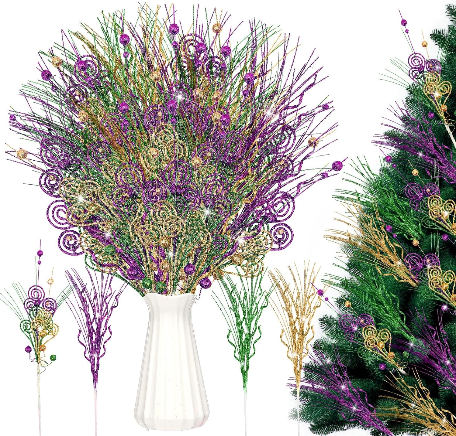 Suncalla 12 Pcs Mardi Gras Picks Decoration 16" Glitter Purple Green and Gold Floral Picks and Sprays Artificial Berry Stems Curly Sticks Branches for Carnaval Party Table Ornaments(Novel Style)