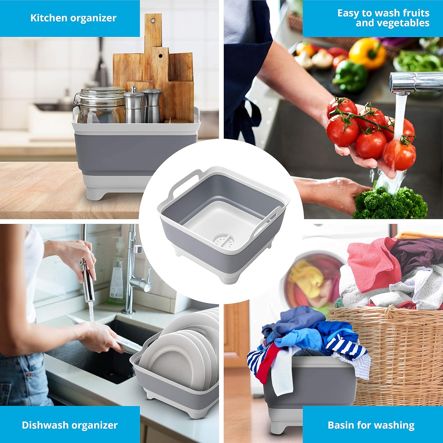 Vamako 9L Collapsible Dish tub Portable Sink, Folding Laundry tub, Washing Basin with draining Plug, Collapsable Dish Drainer, Camping Dish Washing tub, Portative wash Dish Basin. Gray: Kitchen & Dining