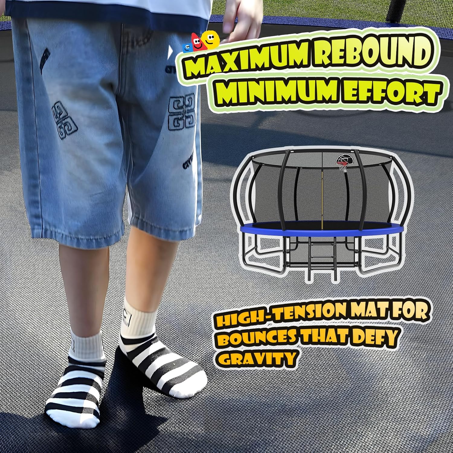 Lyromix 12 14 15 16FT Trampoline Outdoor with Basketball Hoop, Trampoline with Lights for Kids and Adults, Recreational Trampolin with Sprinkler, Stakes