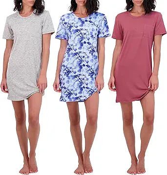 Real Essentials 3 Pack: Women's Nightshirt Short Sleeve Soft Nightgown Sleep Dress With Pocket (Available In Plus Size)