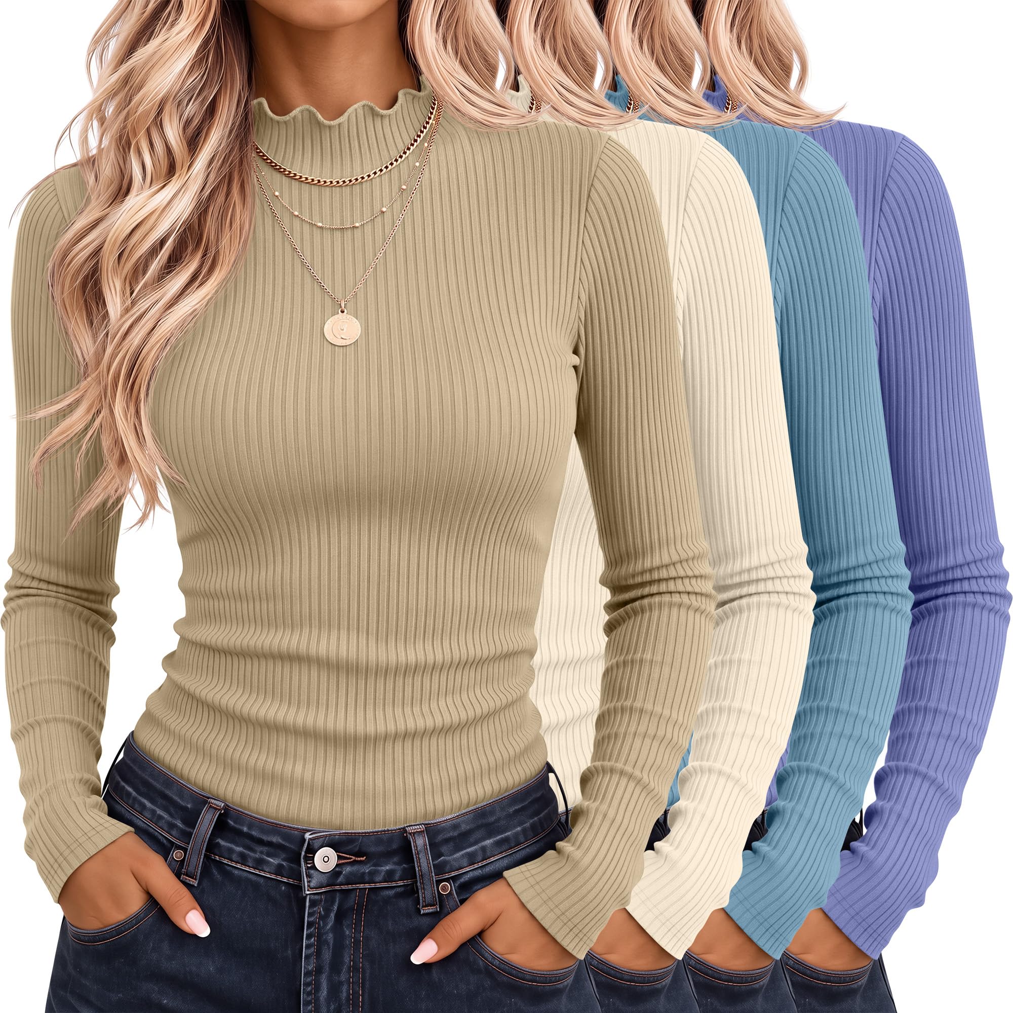 Riyiper 4 Pack Womens Cotton Mockneck Ribbed Long Sleeve Tops