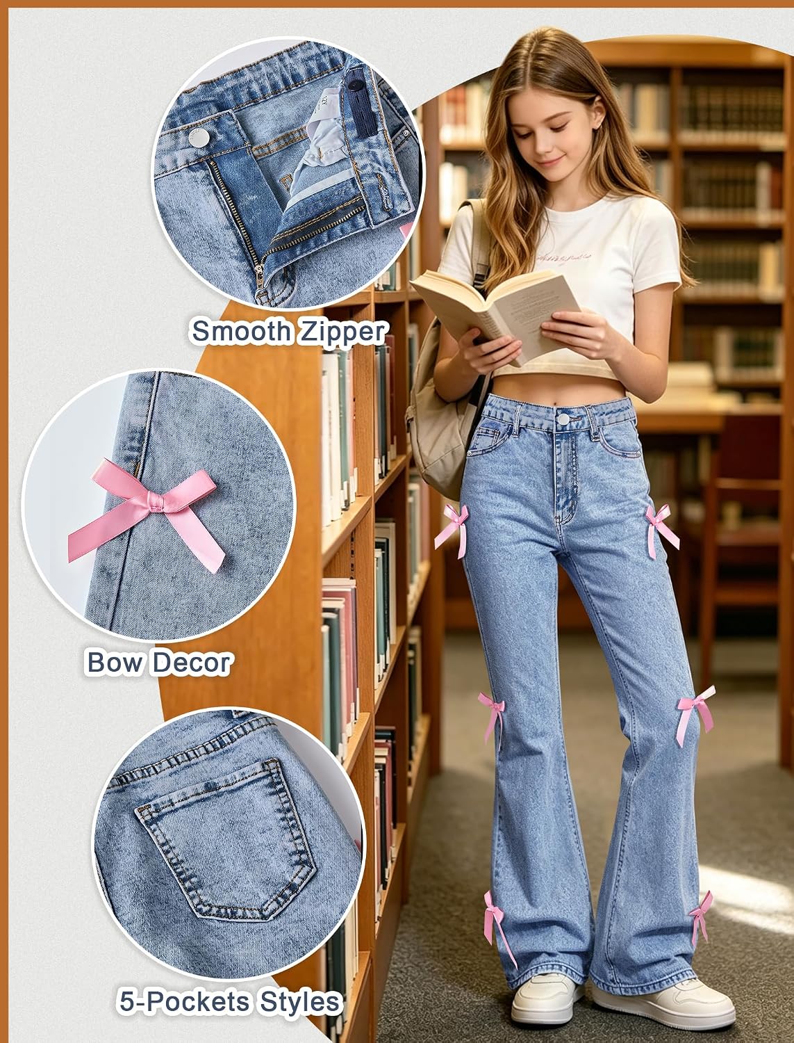 Girls Jeans Flare Bell Bottom Bow Jeans for Teens High Waist Cute Y2K Tween Denim Pants Stretch Trousers 7-16Y