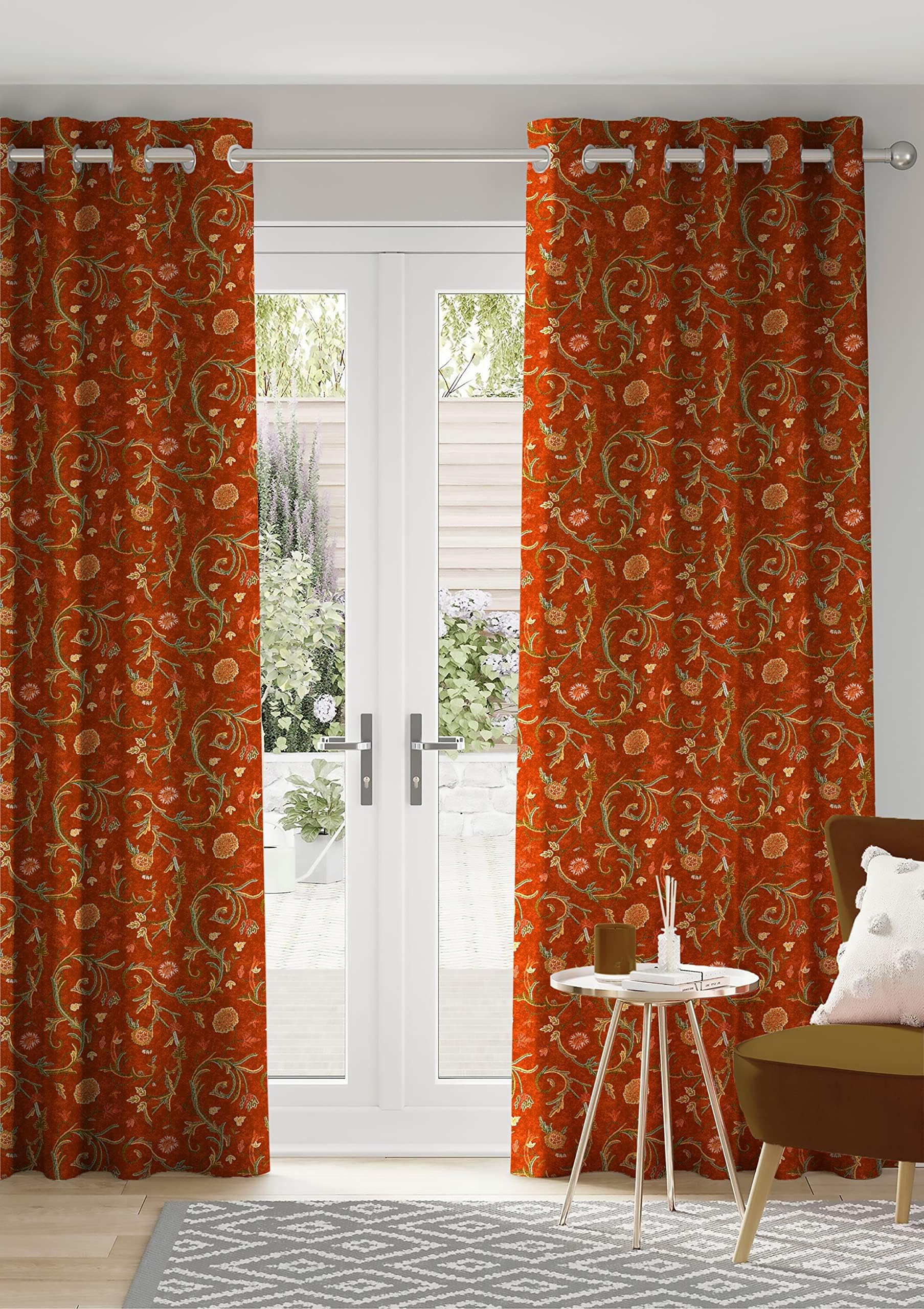 CasableuKashmiri 2 Piece Polyester Eyelets (Steel) Blackout Curtains with Tie Back, Bedroom Living Room (Rust, 7 Ft x 4.2 Ft)