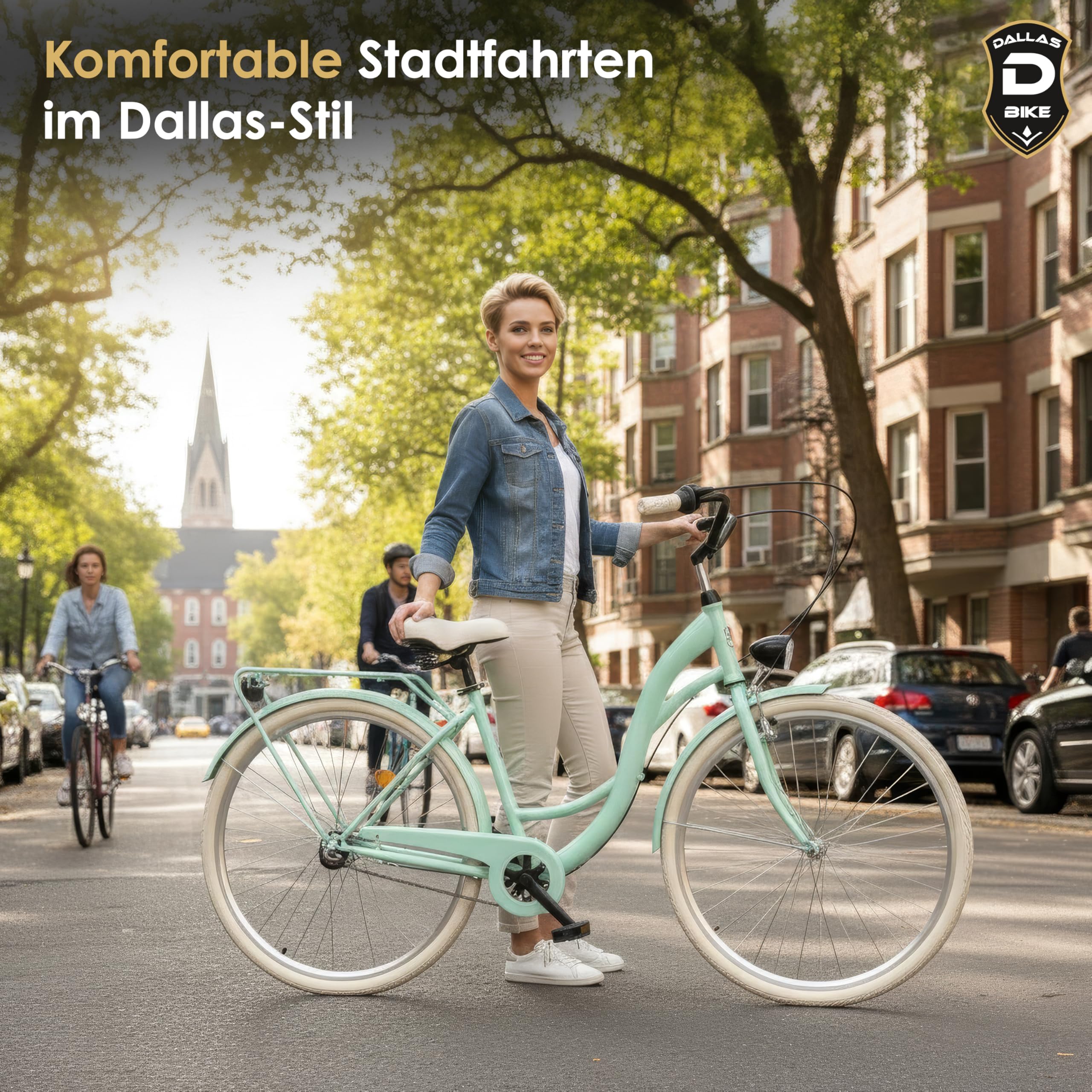 Fahrrad 28 Zoll - Bequemes Cityrad für Damen und Herren - mit 3-Gang Shimano Schaltung - Komfortabler Tiefeinsteiger für Stadt und Pendler - Dallas City - Minze, Creme