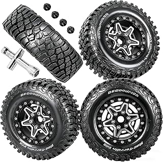 RC 1.9" Beadlock Wheels and Tires Set for 1/12 M-J-X H12Y H12Y+ H12P MN-128 RC Crawler,Wheels Tire OD 90MM/3.54",Aluminium Wheel Rims (4PCS),1.9" Beadlock Wheel Tires,Black