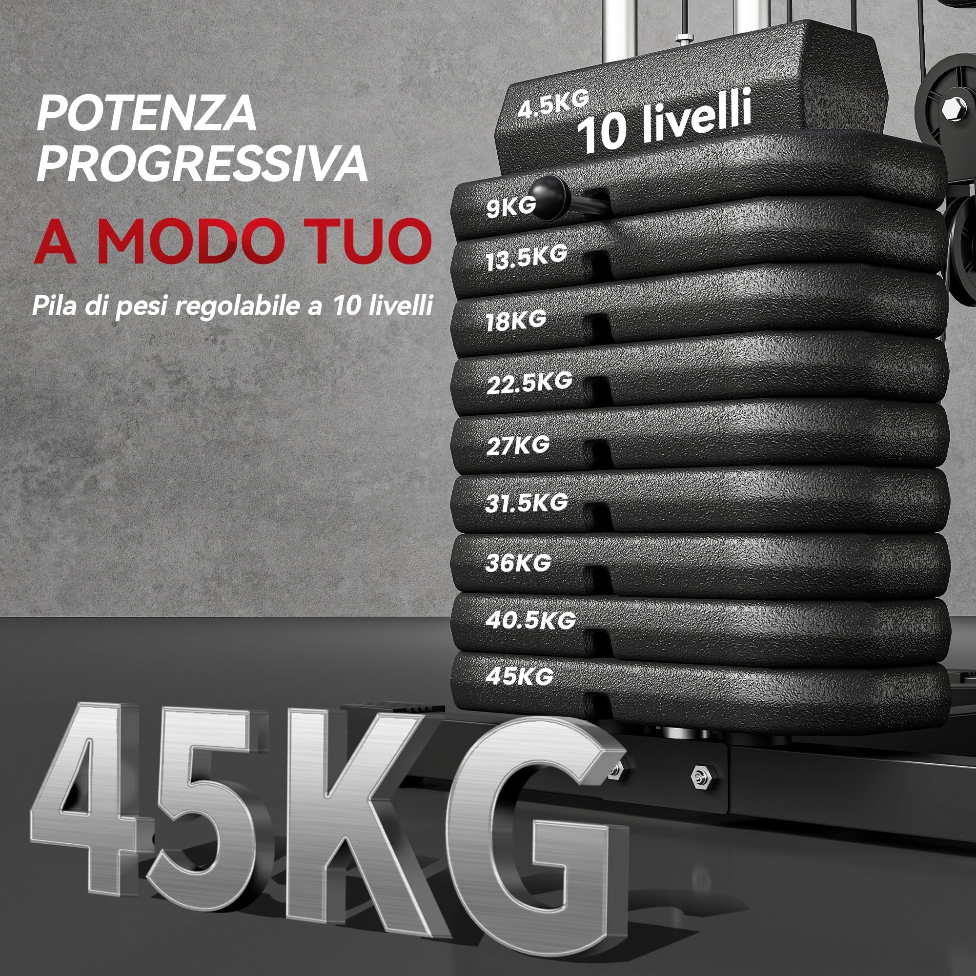 HOMCOM Stazione Fitness Multifunzione Power Tower con Pesi fino 45kg e Panca Imbottita per Allenamento a Casa e Professionale, per Chest Press, Lat Pull Down
