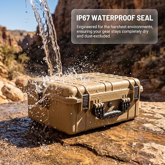 MEIJIA All Weather IP67 Waterproof Hard Protective Case, Hard Camera Case,Hard Case with Customizable Foam, Protection of Camera, Drones, Pistols, Equipments (Desert Tan, 20.62x16.85x8.11)