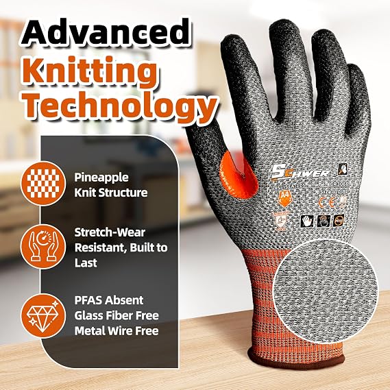 Schwer 12 Pairs Cut Resistant Work Gloves, Non-PFAS, CR3066 ANSI A4 Cut Proof Gloves PU Coated, Touch-Screen, Non Slip, Reinforced Thumb, Wire & Fiberglass Free, Working Gloves for Woodworking, L