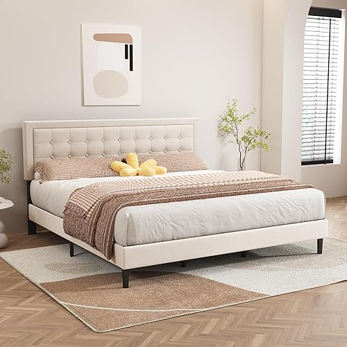 Miniatura 27 de alazyhome Base de cama tapizada moderna de tamaño Queen con cabecero tapizado con botones, listones de madera maciza, no necesita somier, fácil