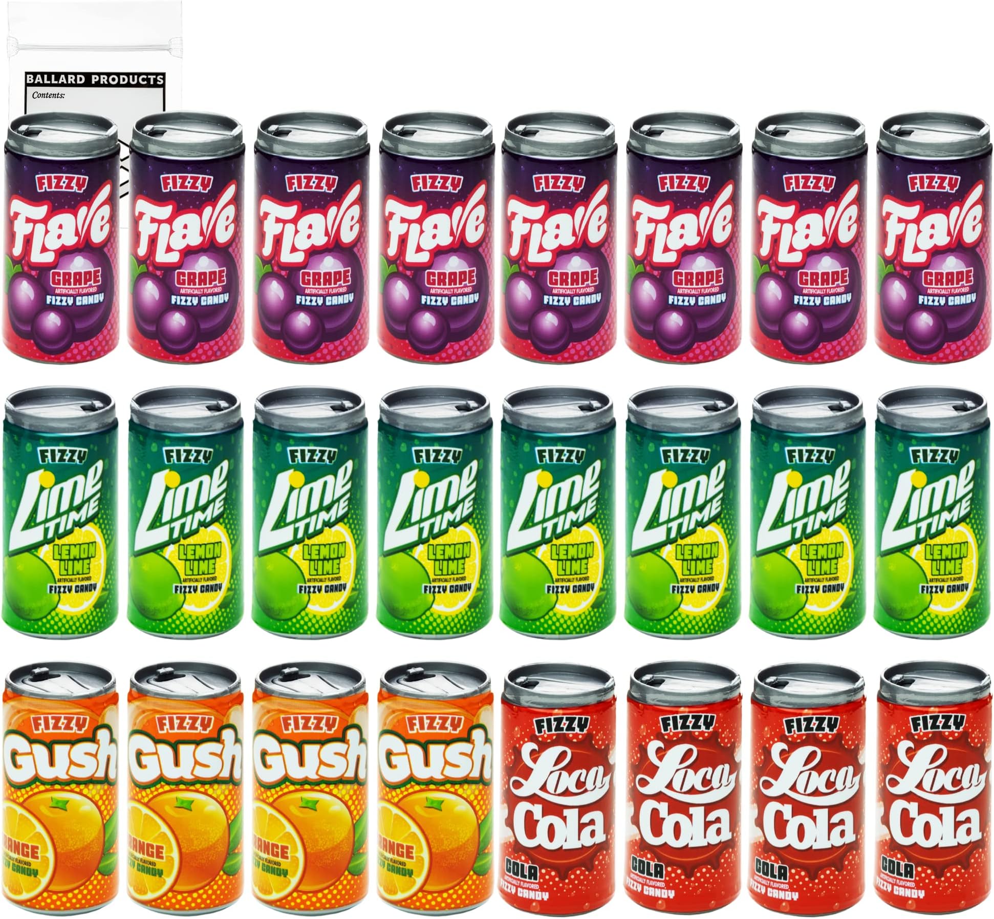 Kidsmania Mini Soda Can Pack of 24 Cans - Variety Pack of 4 Flavors of Soda Can Fizzy Candy - Assorted Soda Cans Novelty Candy - Bundle with Pocket Bag