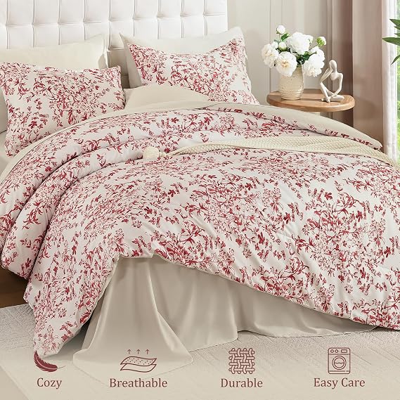 8 Pieces Floral Comforter Set Queen Size Red Bed in a Bag Bedding Set