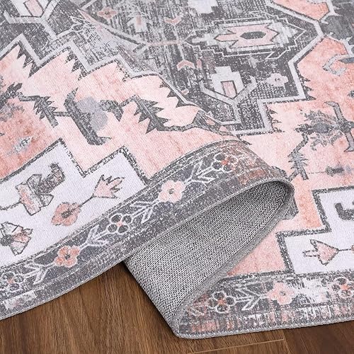 Miniatura 8 de COZYLOOM Alfombra de área de 8 x 10 pulgadas, estilo bohemio, con estampado floral, envejecida, vintage, lavable, para interiores, alfombra fina y
