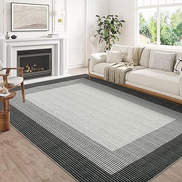 GarveeHome Area Rugs 10x13 Living Room Rug, Modern Bordered Machine Washable Carpet Large Carpet Soft Bedroom Non Slip Stain Resistant Neutral Solid Border 10x13 Area Rug for Farmhouse Grey