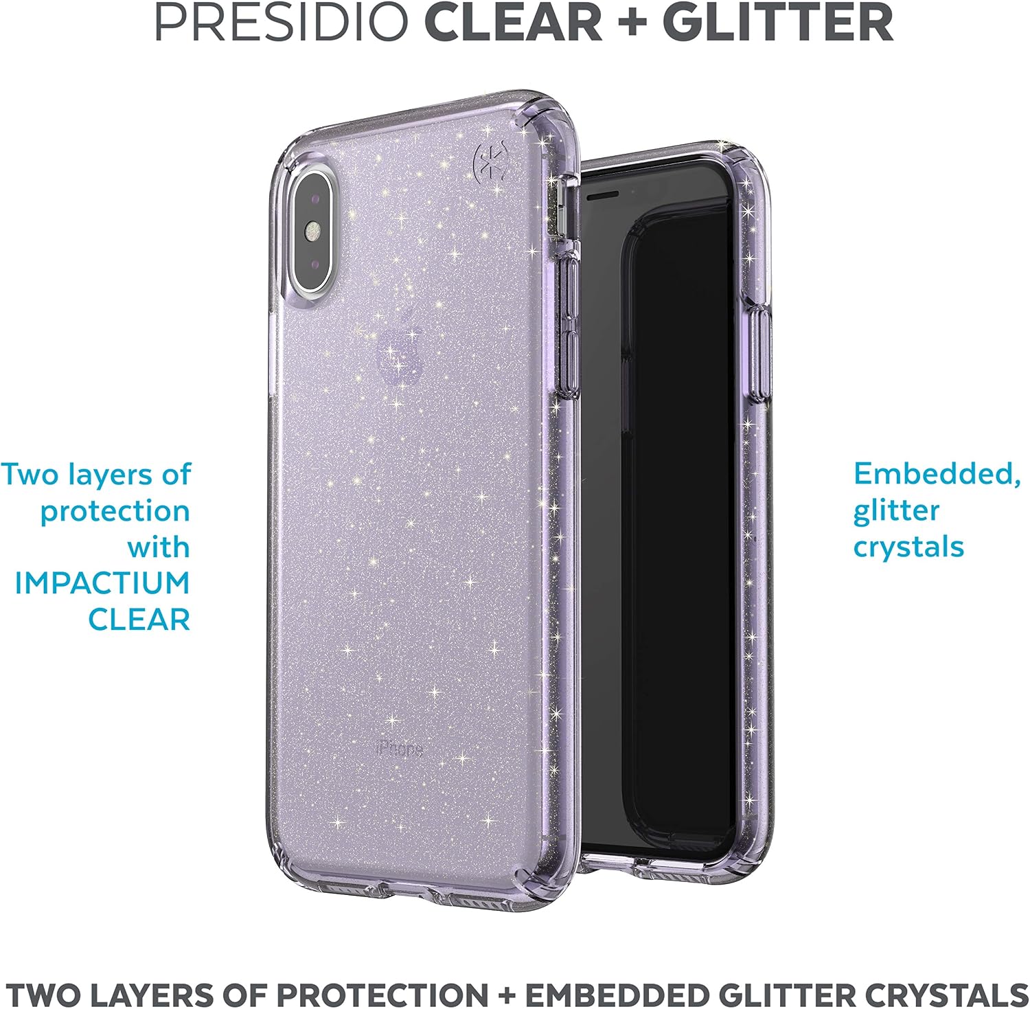 Speck Products Compatible Phone Case for Apple iPhone Xs/iPhone X, Presidio Clear + Glitter Case, Geode Purple with Gold Glitter/Geode Purple