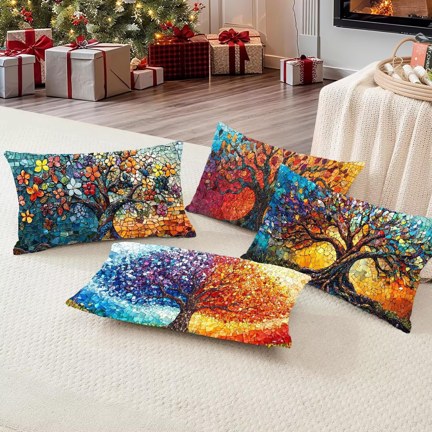 Rechteck Kissenbezug 40 x 80 cm Sofakissen Wasserdicht Dekokissen Leinen Kissenbezüge Farbige Bäume Dekorativ Kissen Kissenhülle aus 4er Set für Sofa Schlafzimmer Wohnzimmer Bett Outdoor Kissen h-65