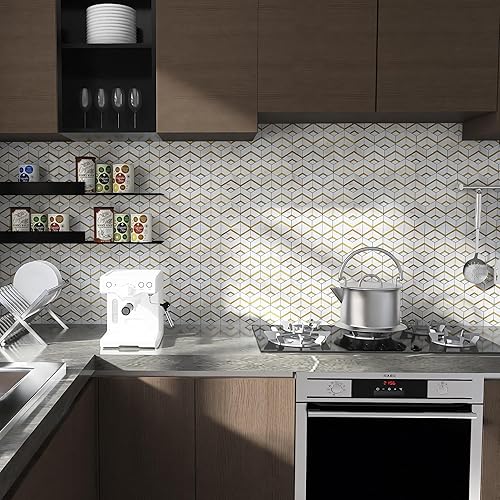 Miniatura 3 de Kasaro Azulejos autoadhesivos para pared de cocina, 10 piezas de azulejos autoadhesivos para cocina y baño, mármol blanco adornado con metal dorado