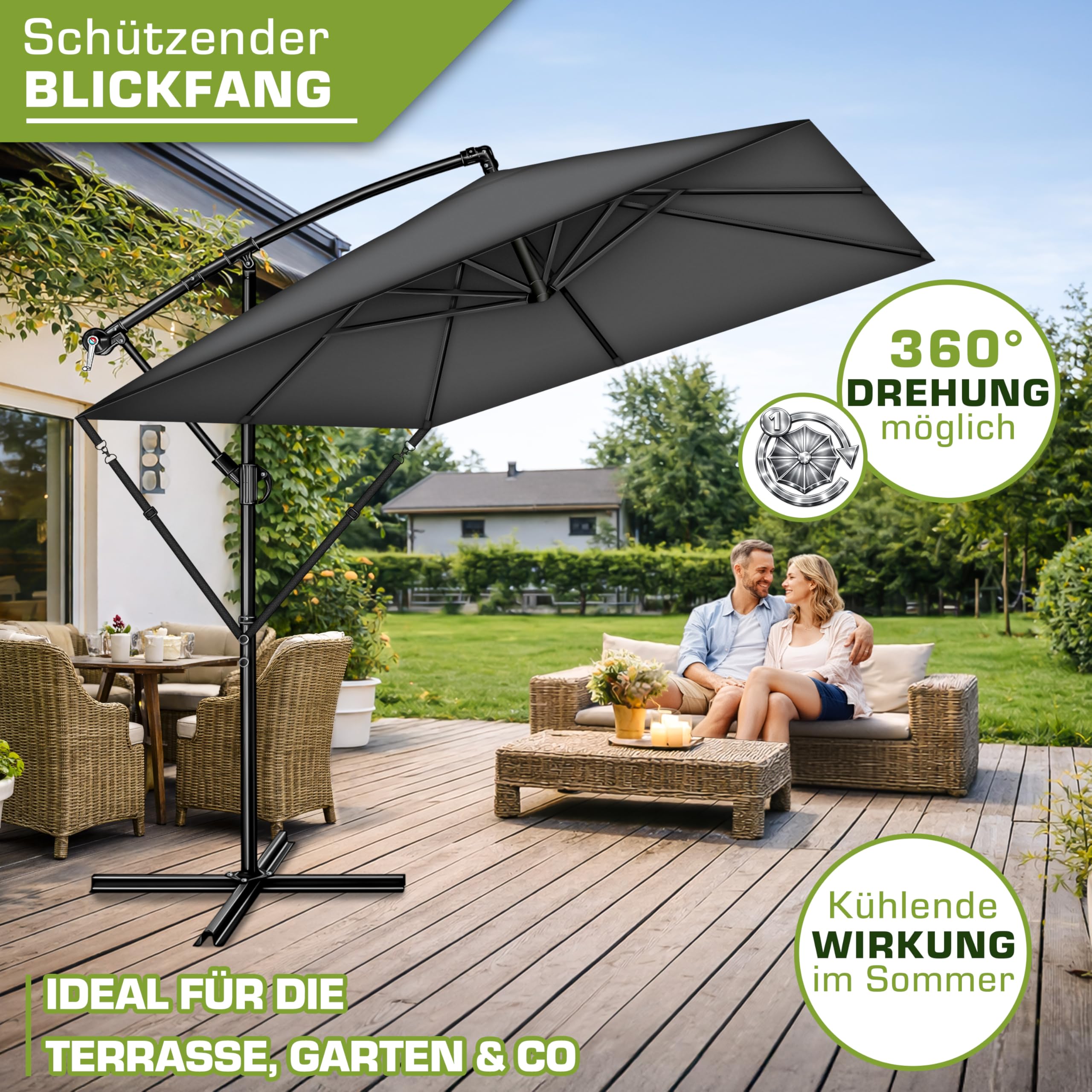 tillvex® Alu Sonnenschirm Rechteckig Ø 330 cm + Abdeckung mit Kurbel | Ampelschirm Aluminium Eckig mit Ständer & Windschutz | Gartenschirm UV-Schutz, wasserdicht, 360° drehbar